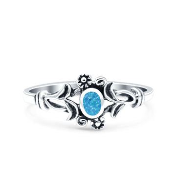 Vintage Style Petite Dainty Lab Created Blue Opal Ring Solid Round Oxidized 925 Sterling Silver